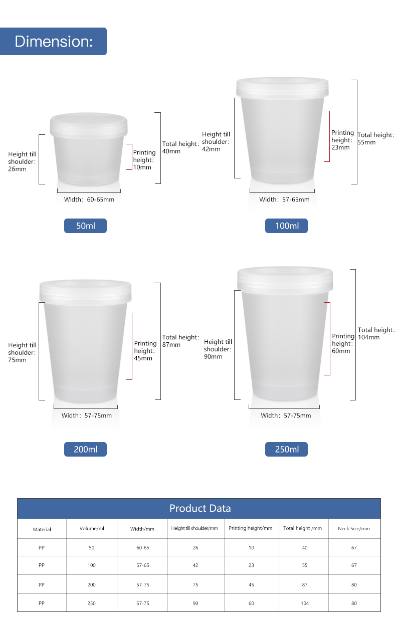 KY030 Jar Ice Cream Sea-mud Masque Plastic Jars 50gr-250gr PP Recyclable