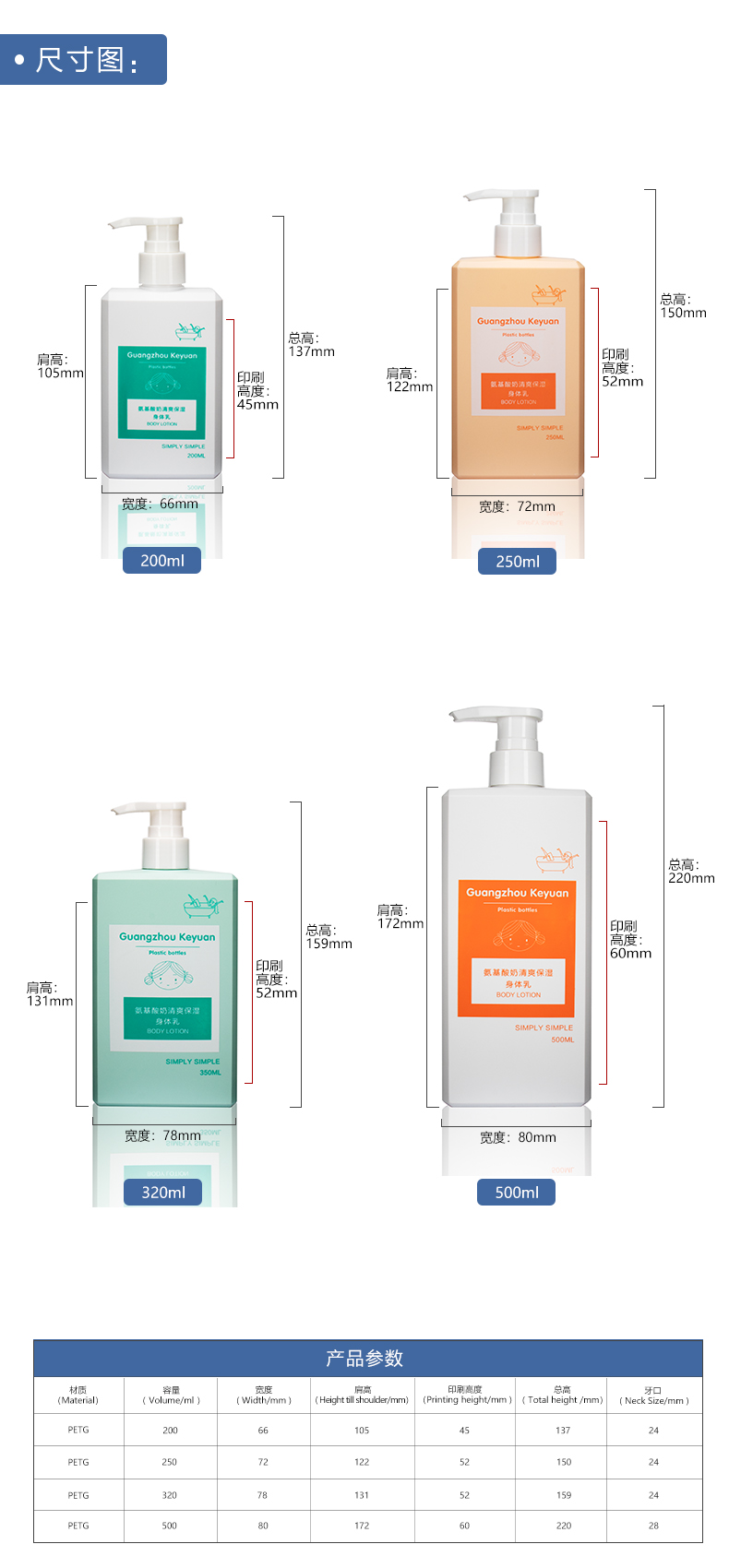 KY022-2 Natural Body Wash for men 200ml 250ml 350ml 500ml PETG Plastic Bottle Colorful