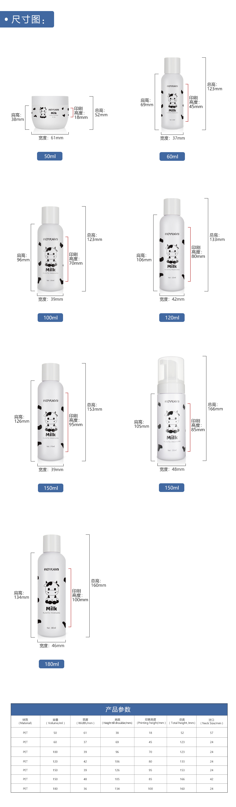 KY137 Whitening Milk Moisturizing Cream Toner Plastic Bottles PET Various Sizes and Plastic Jar