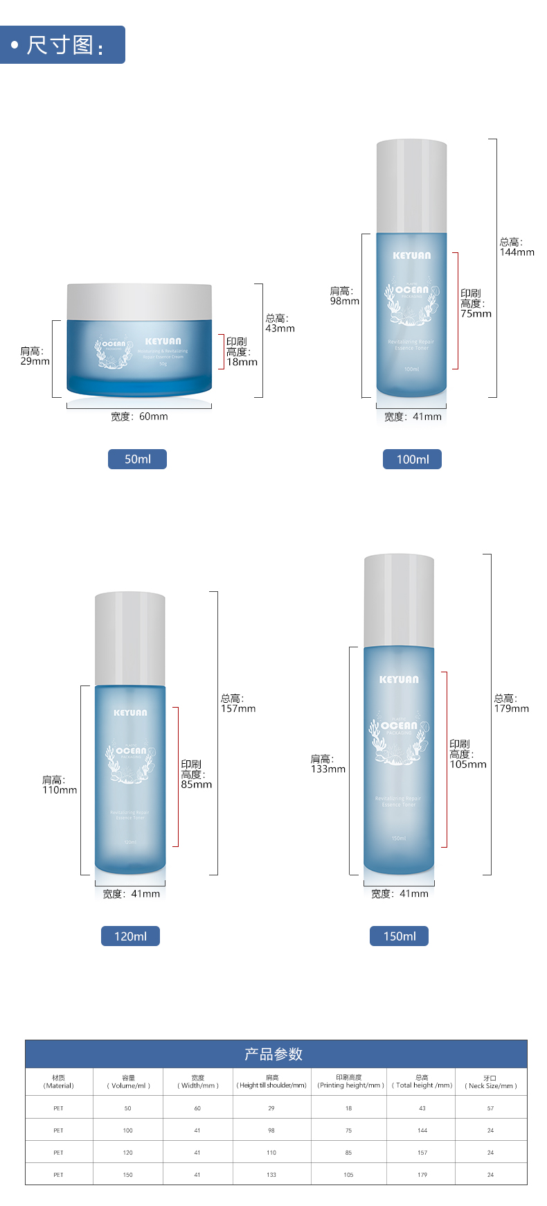 KY143 High Quality Cosmetic Beauty Skin Care Series PET Plastic Bottle with Shiny and Matte Finishing