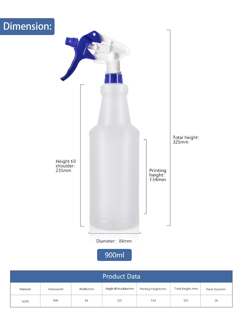 KY167 900ml Customize HDPE Empty Cleaner Trigger Spray Bottle