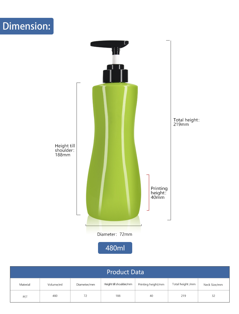 KY171 480ml New Design Plastic Shower Gel Bottle PET Shampoo Bottle with Press Pump