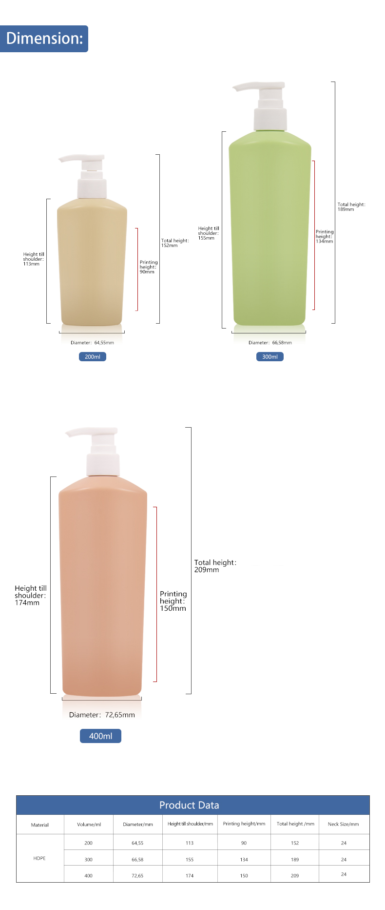 KY176 New Design 200ml 300ml 400ml HDPE Plastic Custom Shampoo Bottle and Shower Gel Bottle with Pump