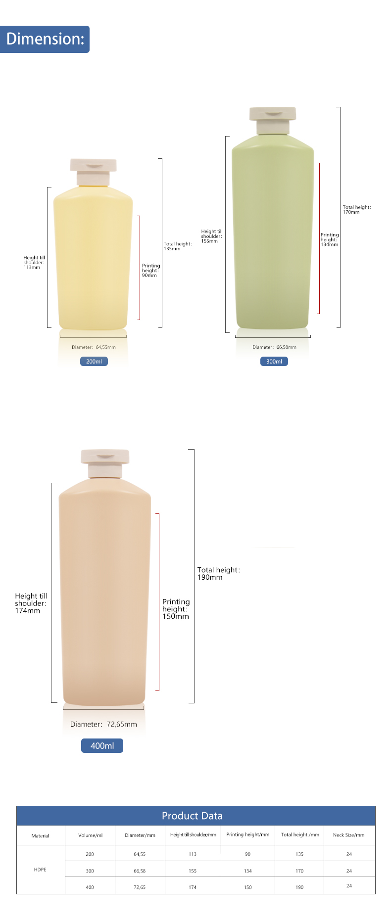KY177 New Design 200ml 300ml 400ml HDPE Plastic Custom Shampoo Bottle and Shower Gel Bottle with Pump