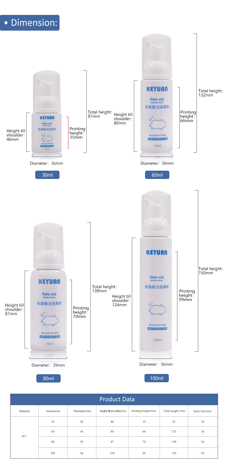 KY182 Multi-Capacity Optional Cosmetic Round PET Plastic Foam Mousse Cleansing Bottle