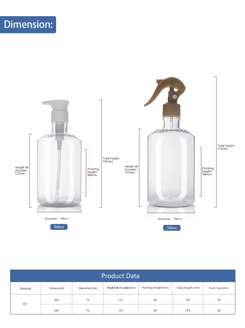 KY190 High Quality 500ml Transparent Bottle PET Trigger Cleaning Empty Plastic Spray Bottle