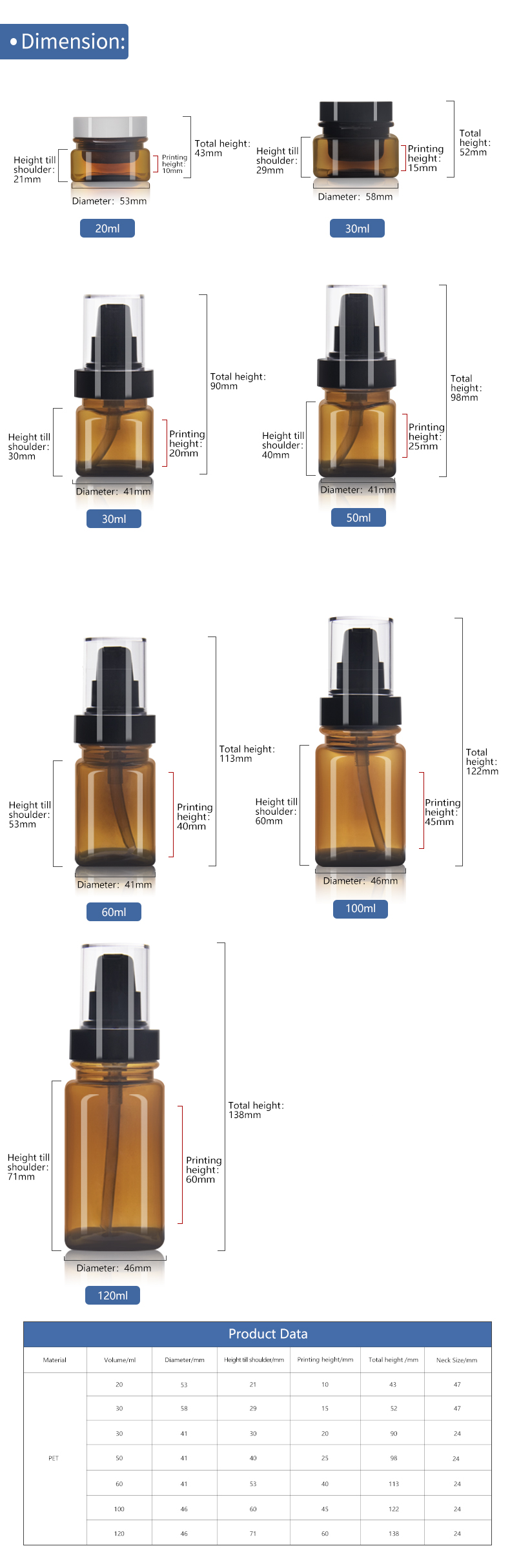 KY195-2 Amber Skincare Packaging 20ml 30ml 50ml 60ml 100ml 120ml Empty Toner Lotion Pump Bottle PET Cosmetic Plastic Bottle