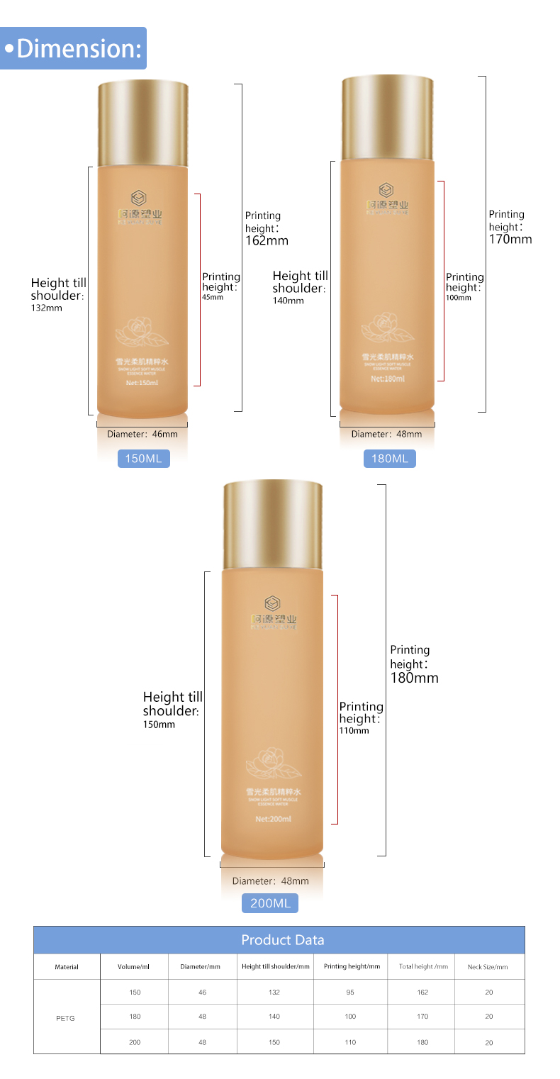 KY201-3 Wholesale Empty Luxury Skincare Packaging Set Lotion Pump PETG Plastic Bottle with Gold Cover