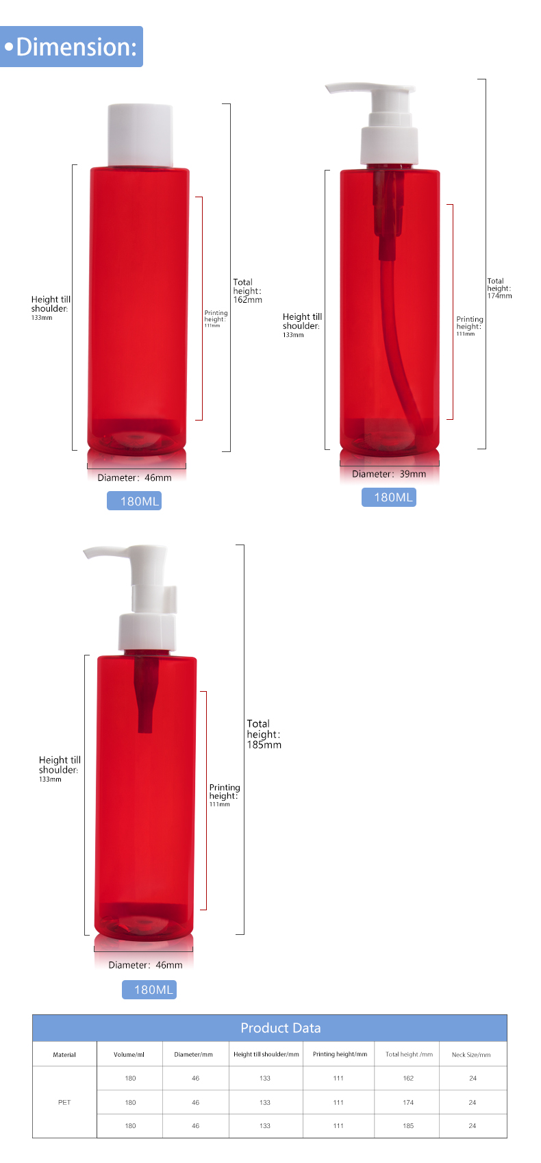 KY207 Customized High Quality 180ml PET Plastic Empty Bottle with Lotion Pump Cosmetic Packaging Bottle