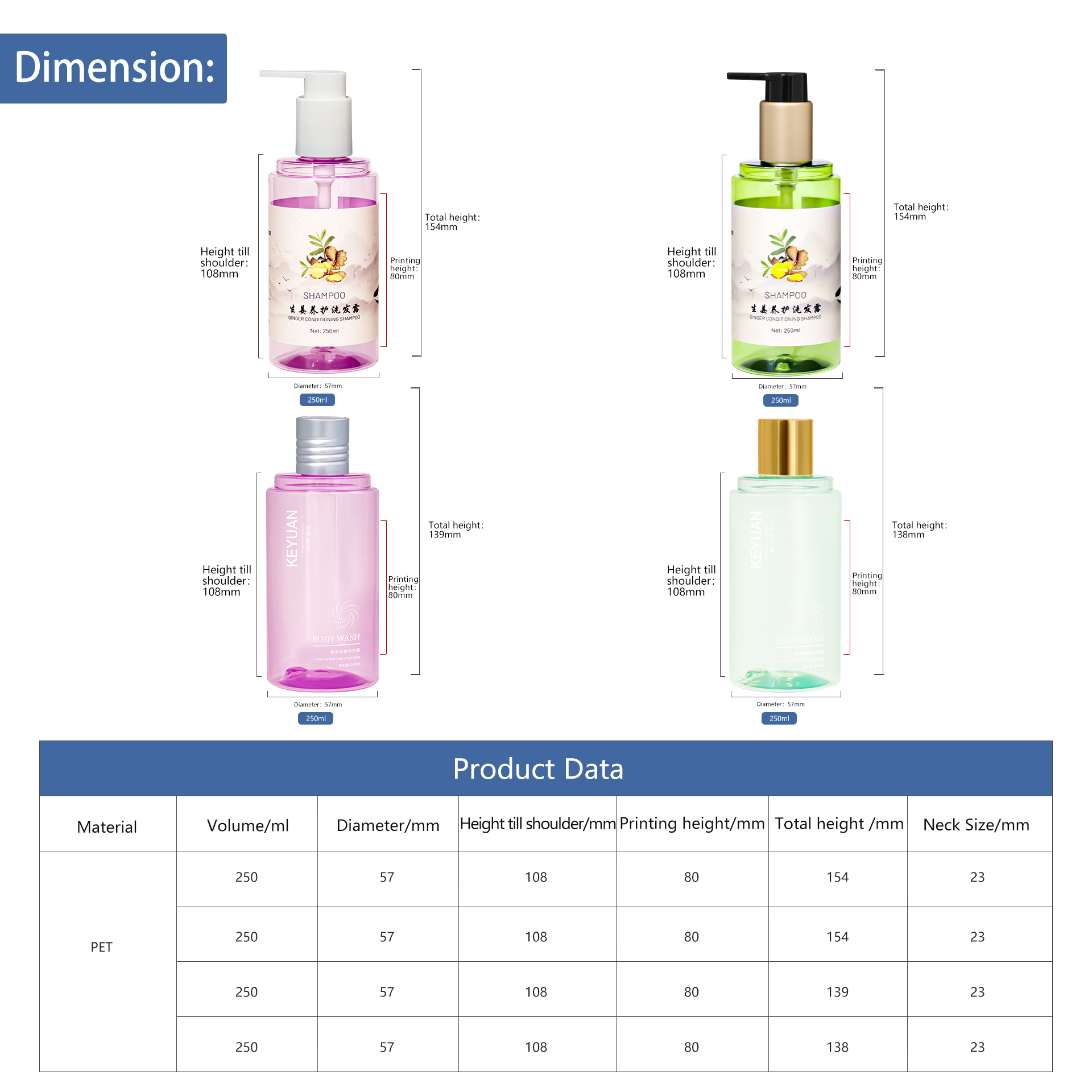 KY229-1 250ml Transparent Round Cosmetic Shampoo Bottle Shower Gel Bottle