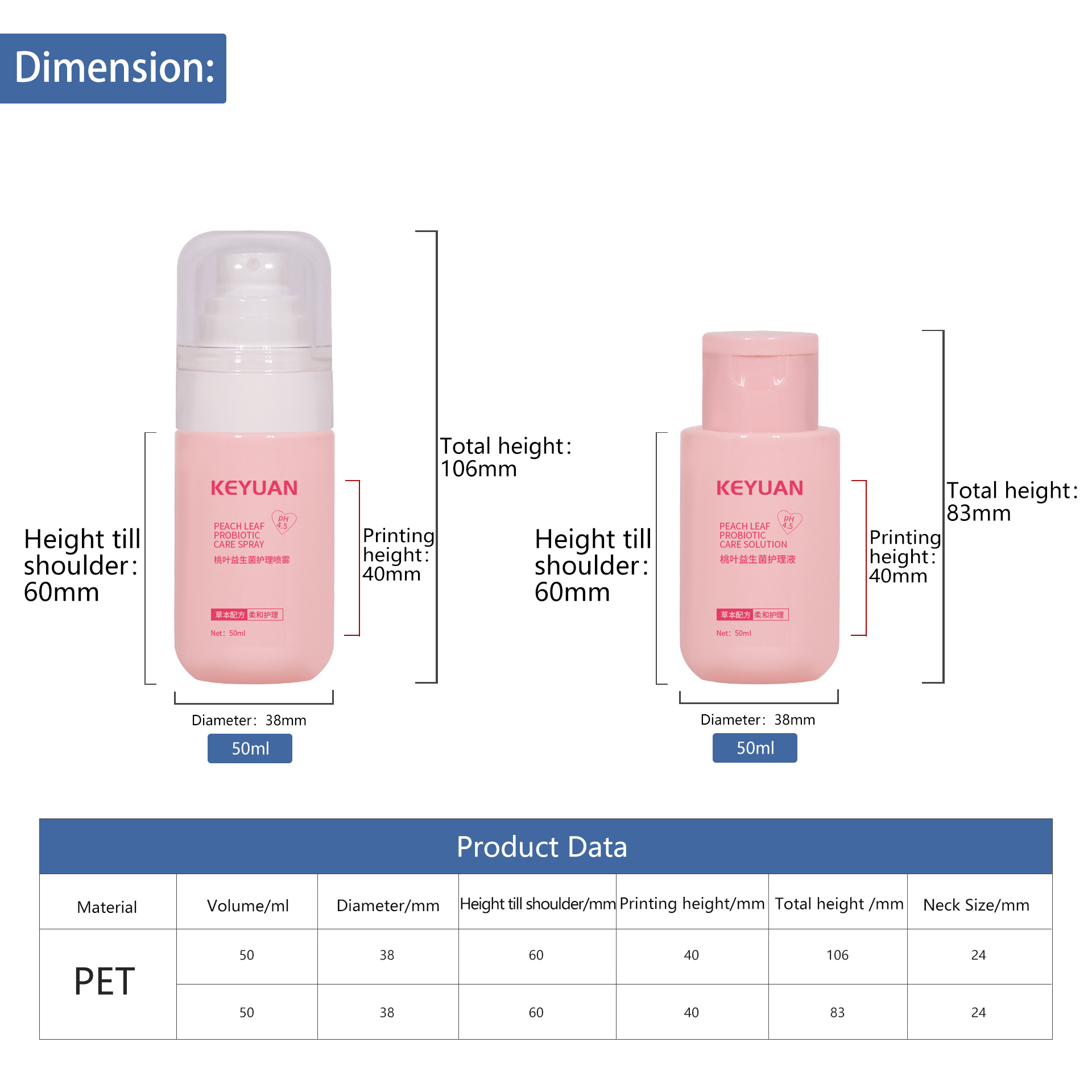 KY237 Newly Designed 50ml Pink Small Capacity PET Care Liquid Plastic Bottle