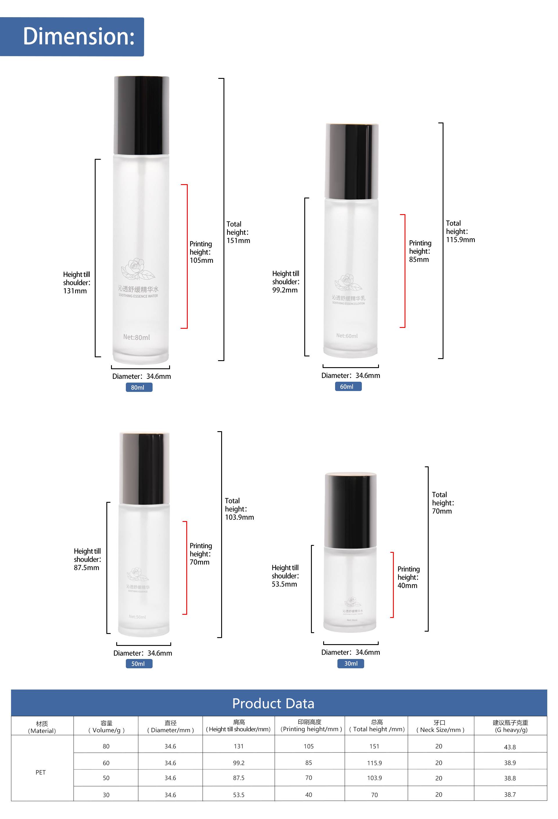 KY286 Custom Matte 30ml 50ml 60ml 80ml PET Skin Care Bottle for Essence Water Essence Lotion Packaging