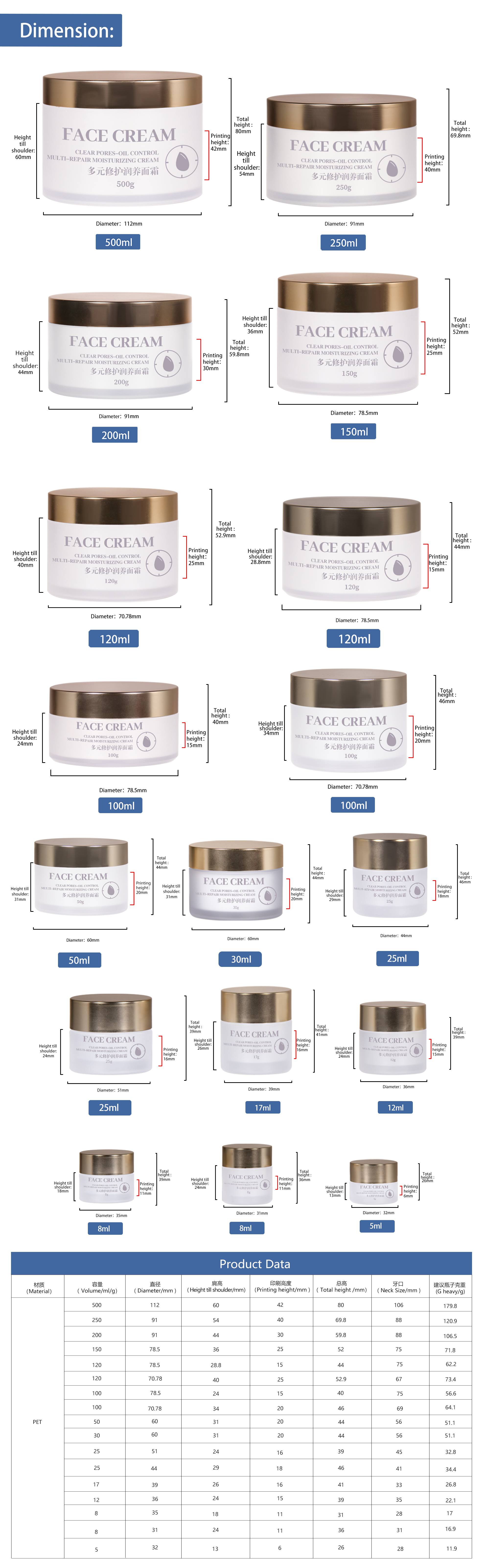 KY052 14PJ Custom High Quality Luxury Cosmetics 5-500ml Matte Double Wall Cream Jar for Face Cream Packaging