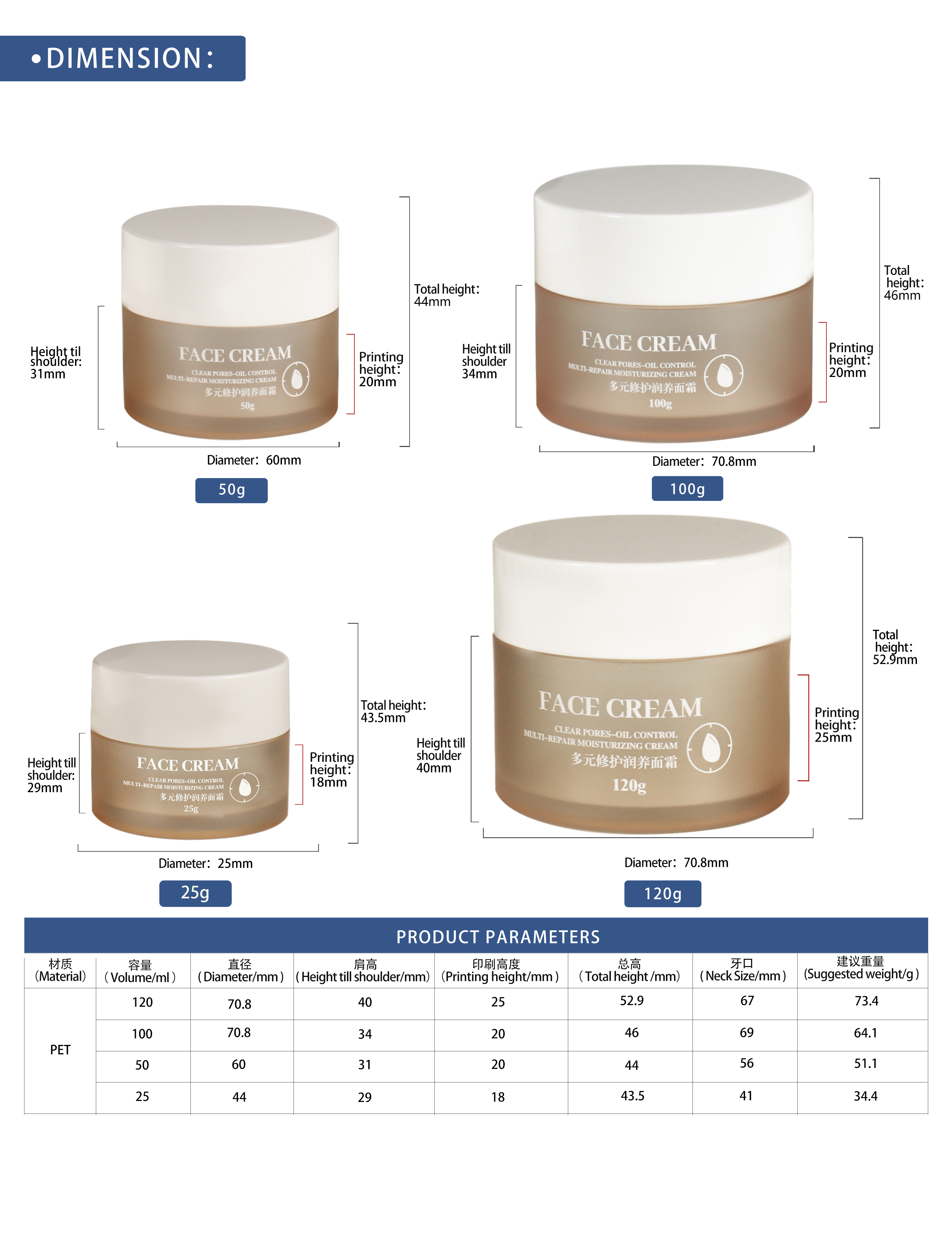 KY075 1PJ Custom Luxury Cosmetics 25g 50g 100g 120g Double Wall Cream Jar with Tall White Screw Lid