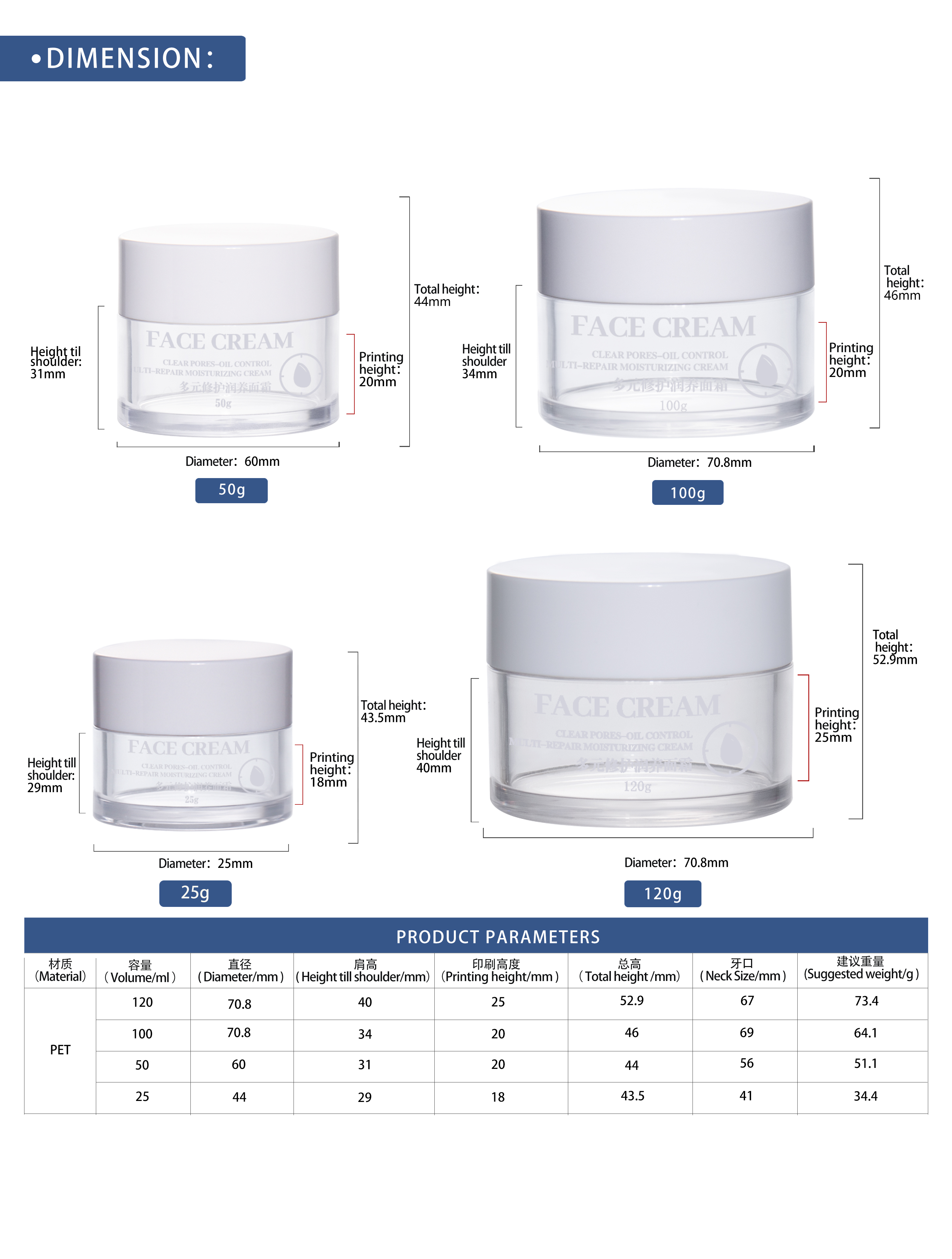 KY075 2PJ Luxury Plastic Double Wall Cosmetic Cream Jar 25g 50g 100g 120g PET Transparent Jar