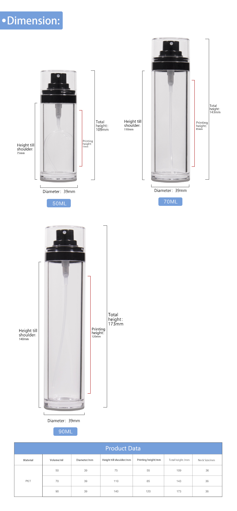 KY203 2 High Quality Cosmetics Perfume Packaging 50ml 70ml Thick Wall Transparent PET Plastic Spray Bottle
