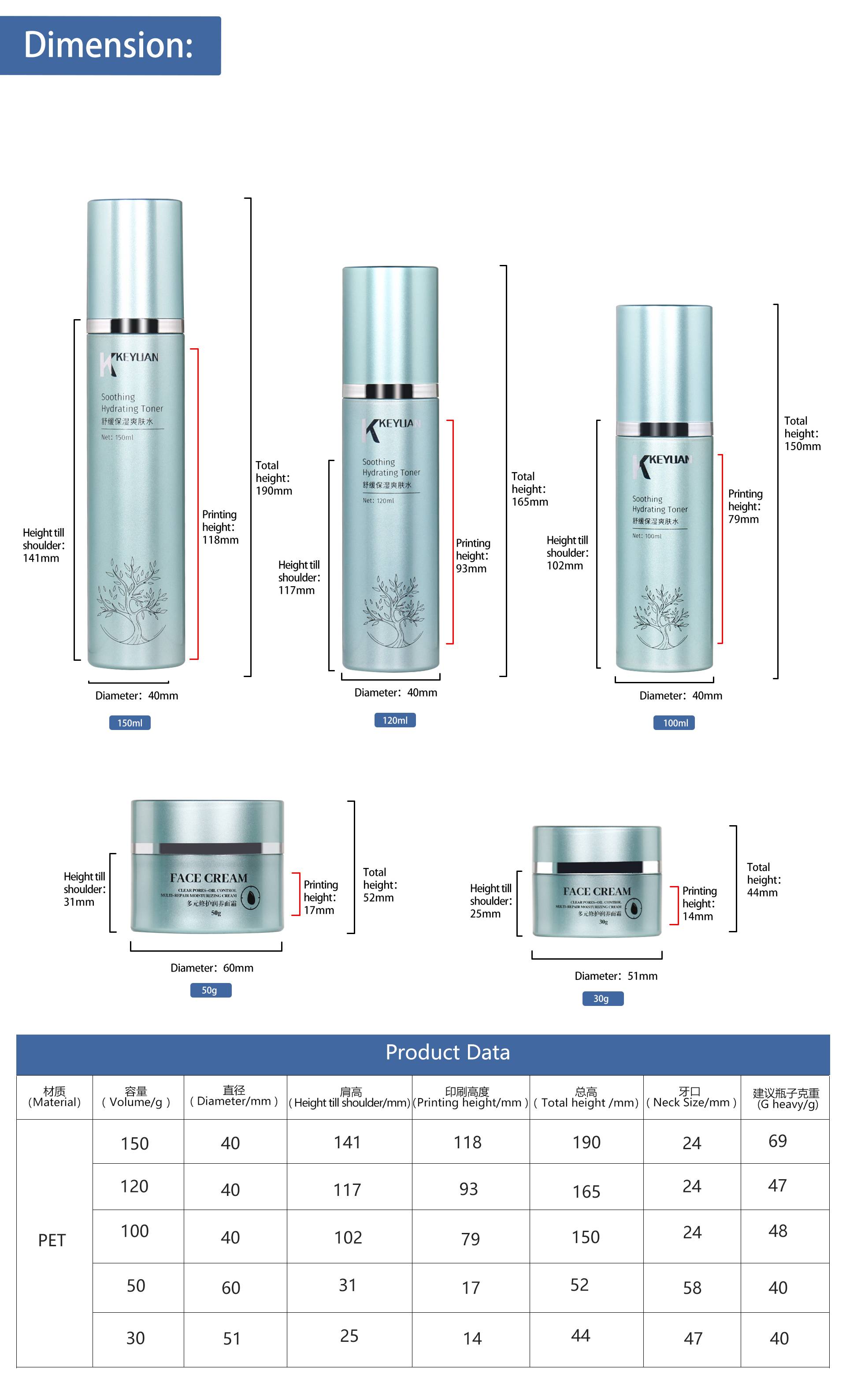 KY290 Factory Custom 30ml 50ml 100ml 120ml 150ml Skin Care Face Cream Jar and Toner Bottle