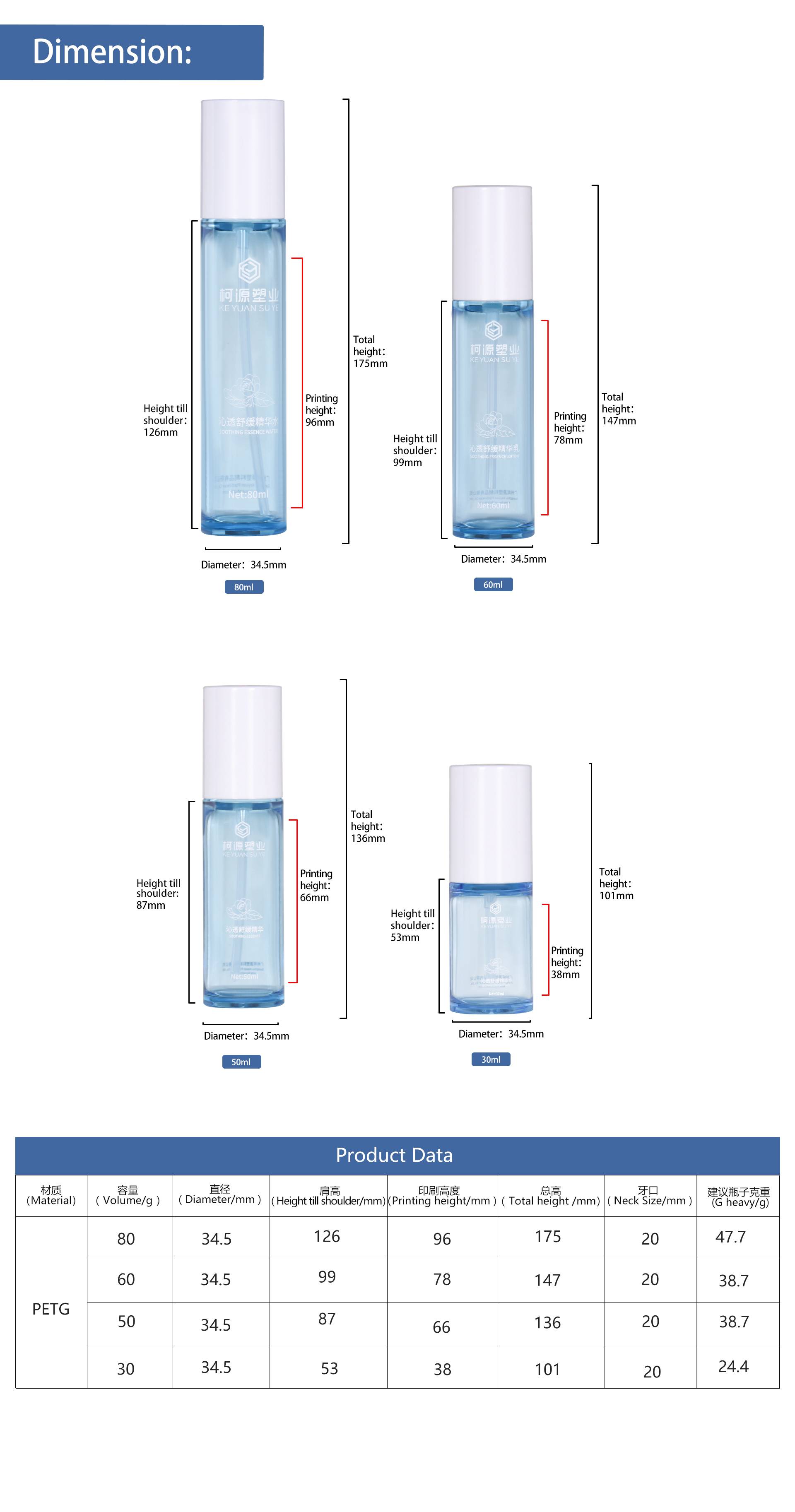 KY291 Custom Blue PET Thick Wall Skin Care Bottle for Toner Essence Lotion Packaging