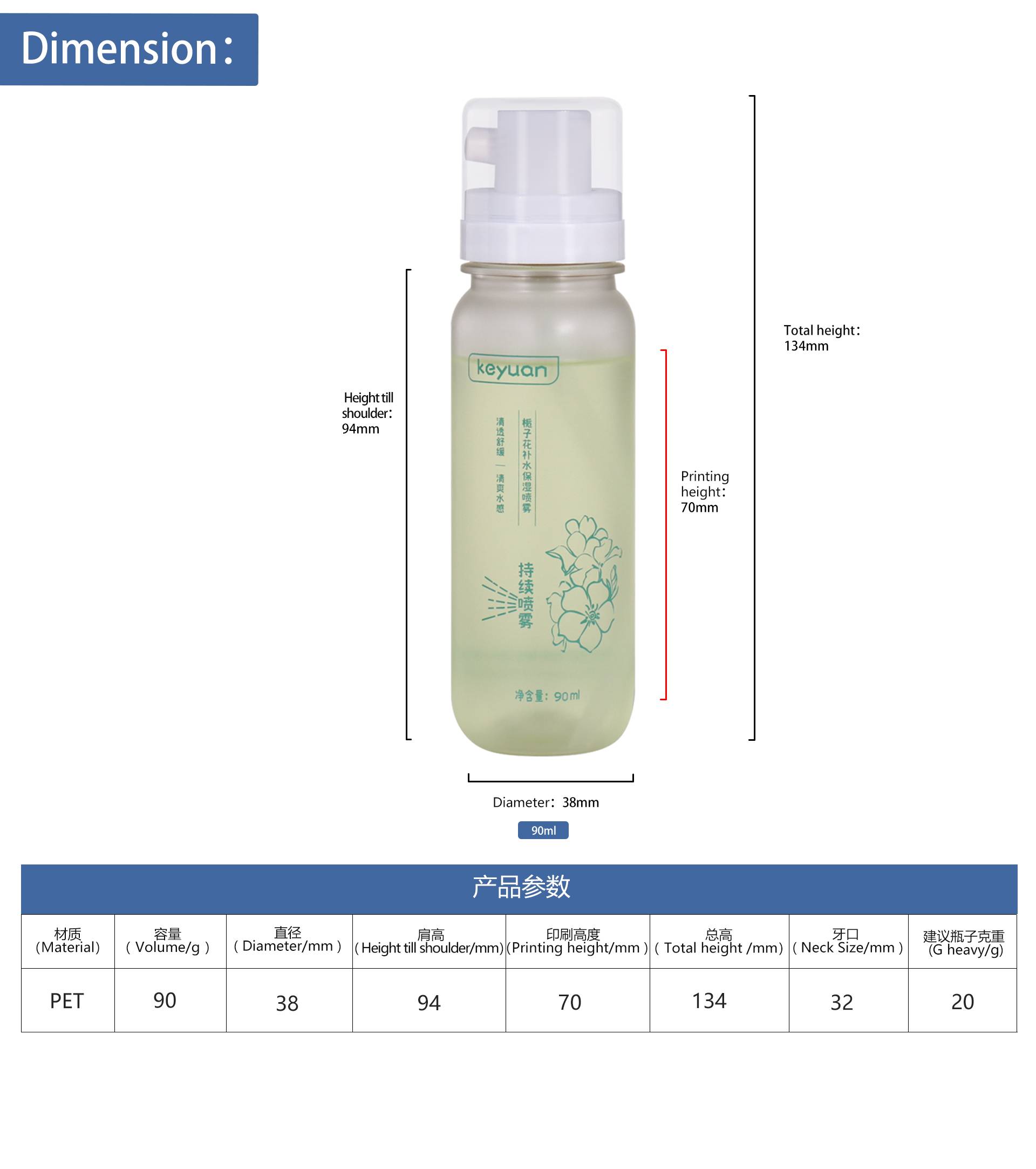 KY293 Newly Designed 90ml Portable Pressed Spray Pump Continuous Fine Mist Spray Plastic Skin Care Bottle