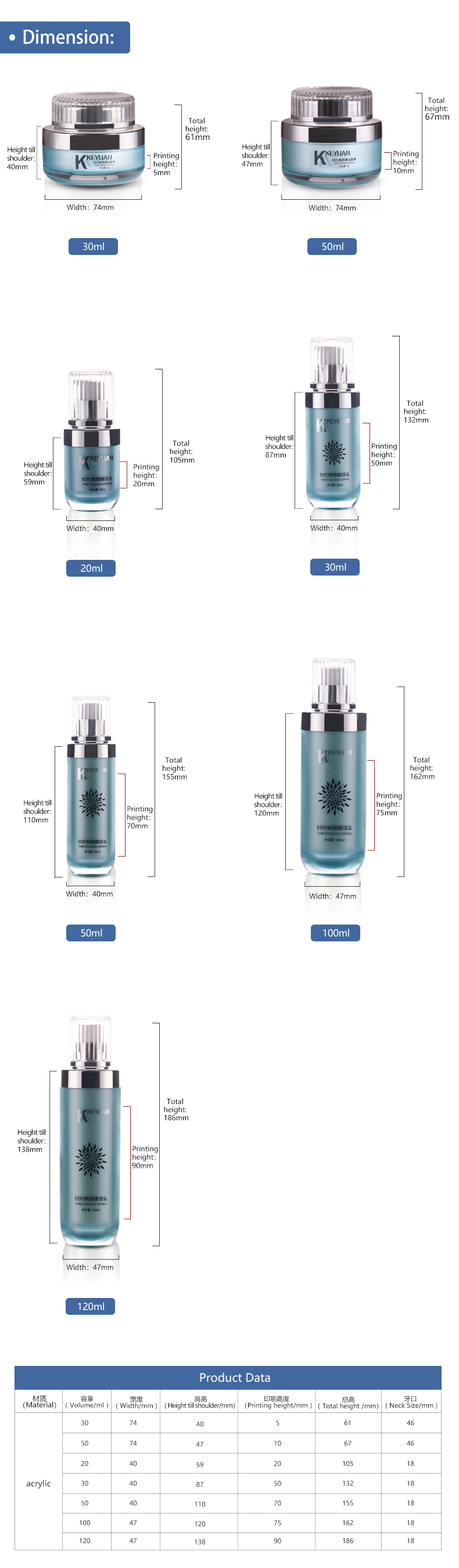 KY017 Factory Custom Luxury High Quality Acrylic Essence Lotion Bottle 30g 50g Face Cream Jar