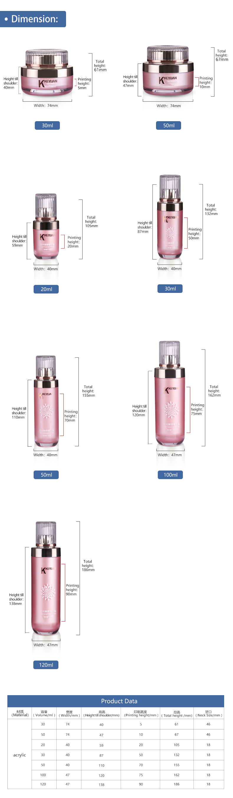 KY016 Factory Custom Pink Luxury High  Quality Acrylic Essence Lotion Bottle 30g 50g Face Cream Jar