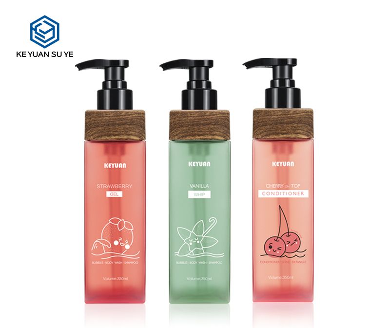 KY021 Strawberry Vanilla Cherry Conditioner Gel Shampoo 350ml PET Plastic Bottle with Wooden Effect Collar