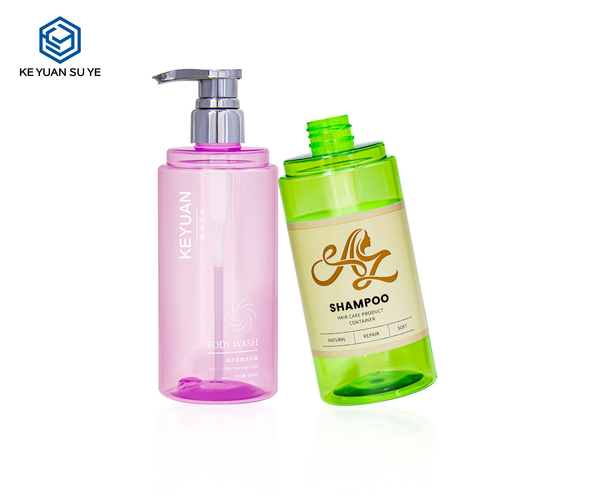 KY229-3 Custom 500ml Round Cosmetic PET Shampoo Plastic Bottle with Silver Pump