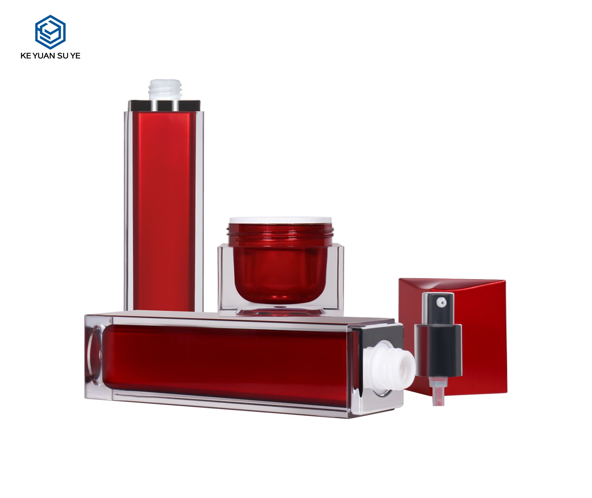 KY 020 Factory Custom Red Luxury High Quality Acrylic Mist Spray Bottle and Cosmetic Jar with Special Shape Cap