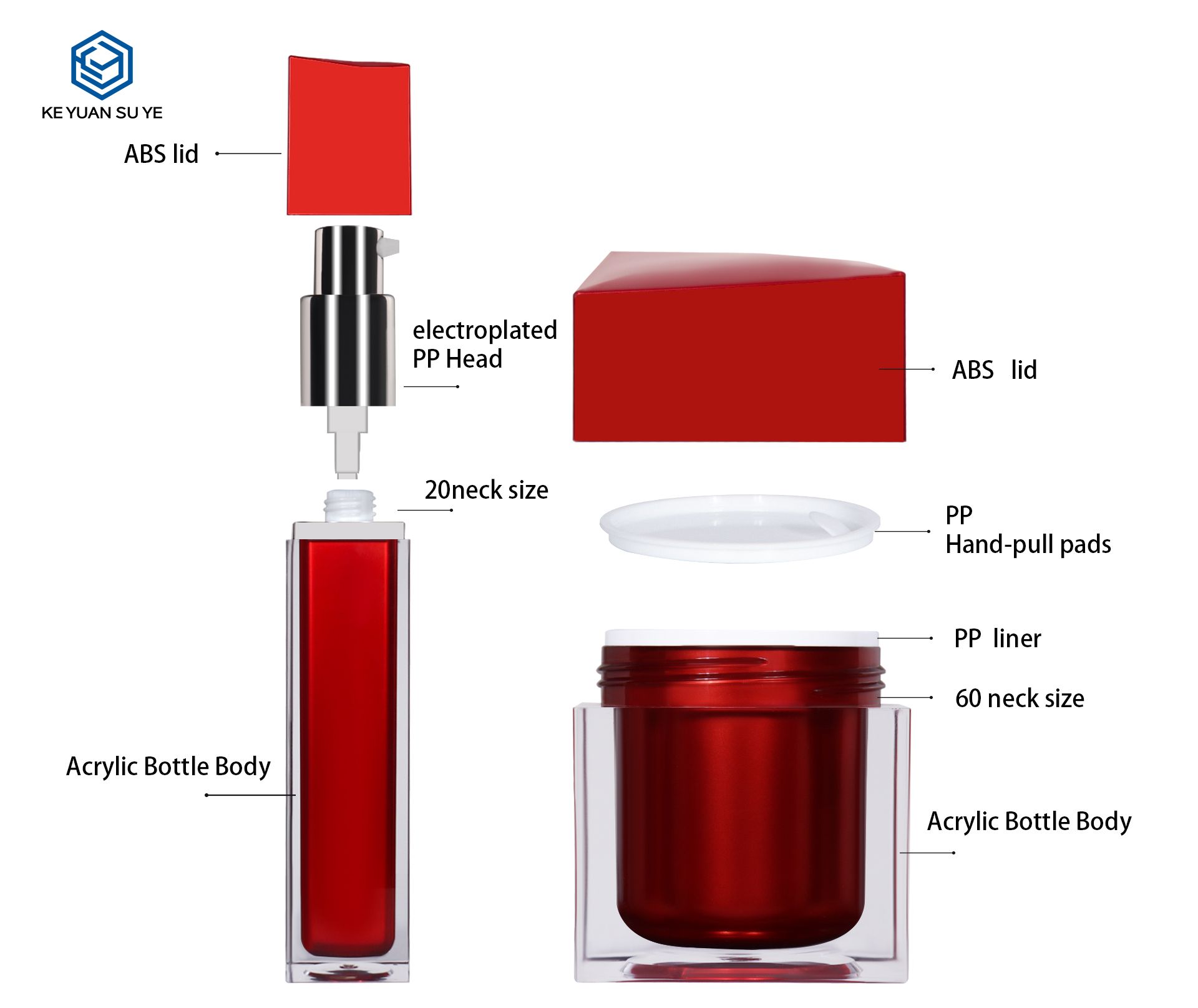 KY 020 Factory Custom Red Luxury High Quality Acrylic Mist Spray Bottle and Cosmetic Jar with Special Shape Cap