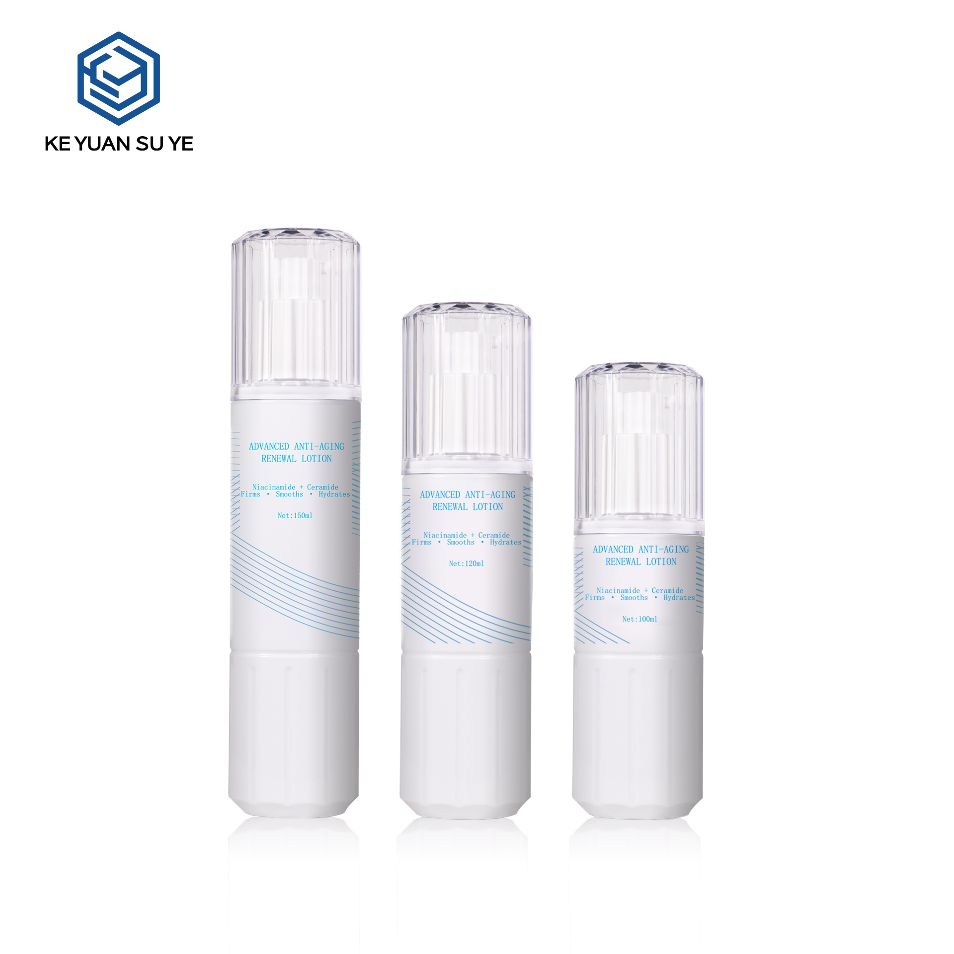 KY724,725,726 White PET Anti-Aging Lotion Pump Bottles, 100/120/150ml, Custom Silk Screen Printing