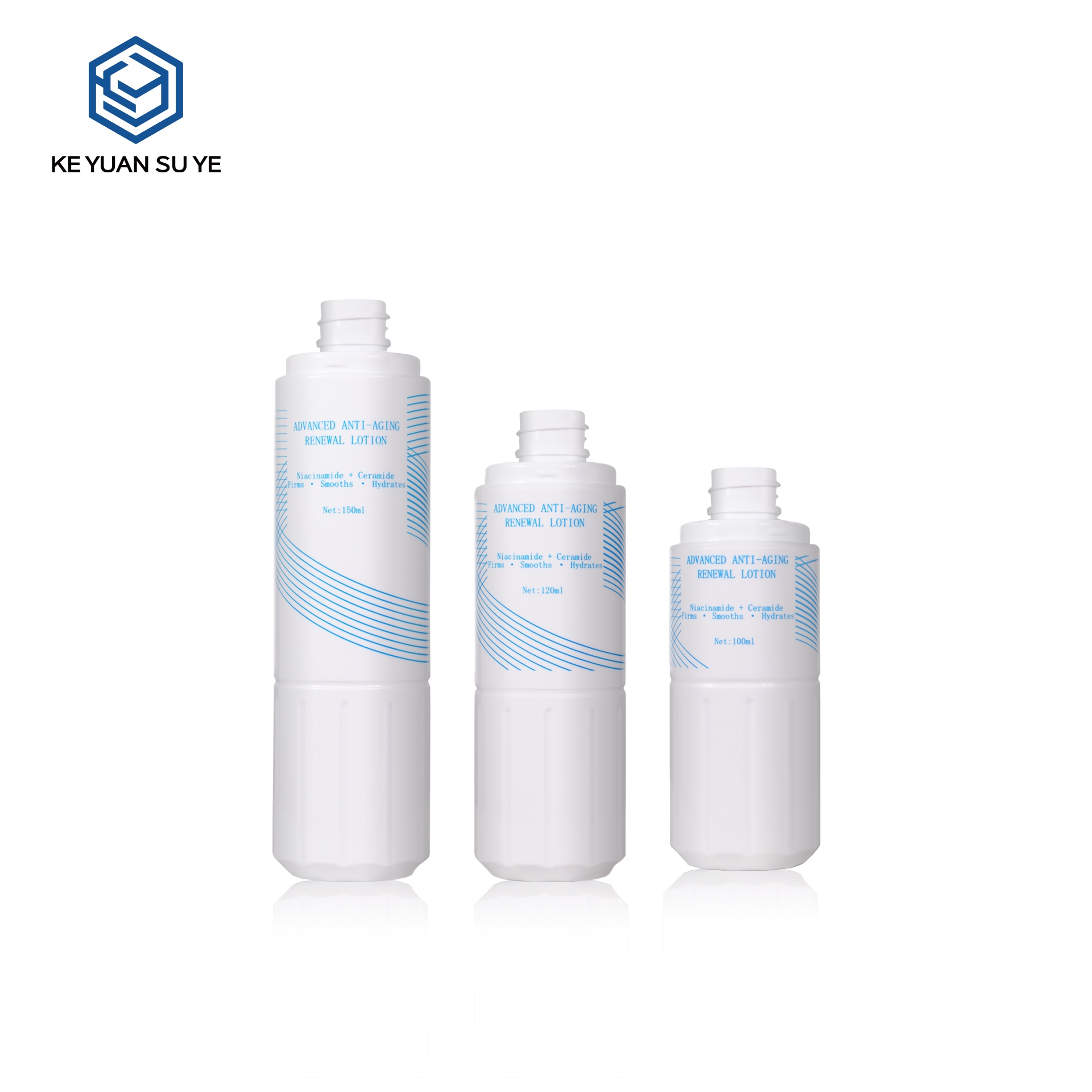 KY724,725,726 White PET Anti-Aging Lotion Pump Bottles, 100/120/150ml, Custom Silk Screen Printing