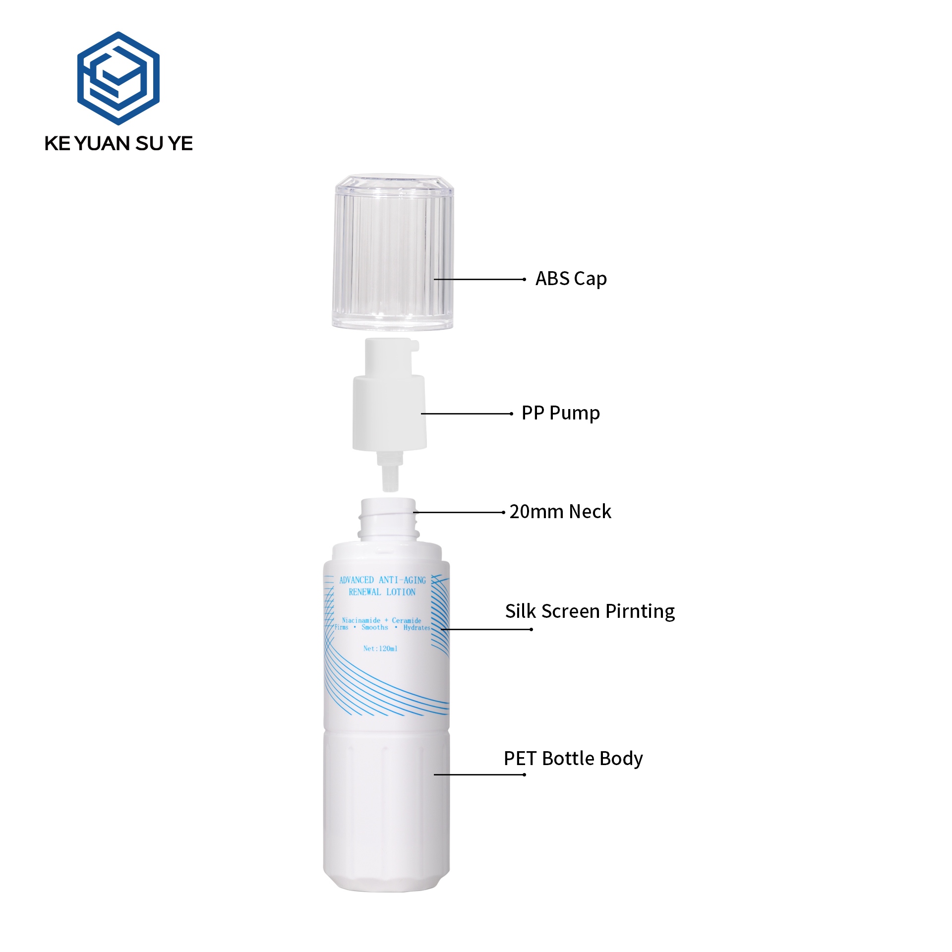 KY724,725,726 White PET Anti-Aging Lotion Pump Bottles, 100/120/150ml, Custom Silk Screen Printing