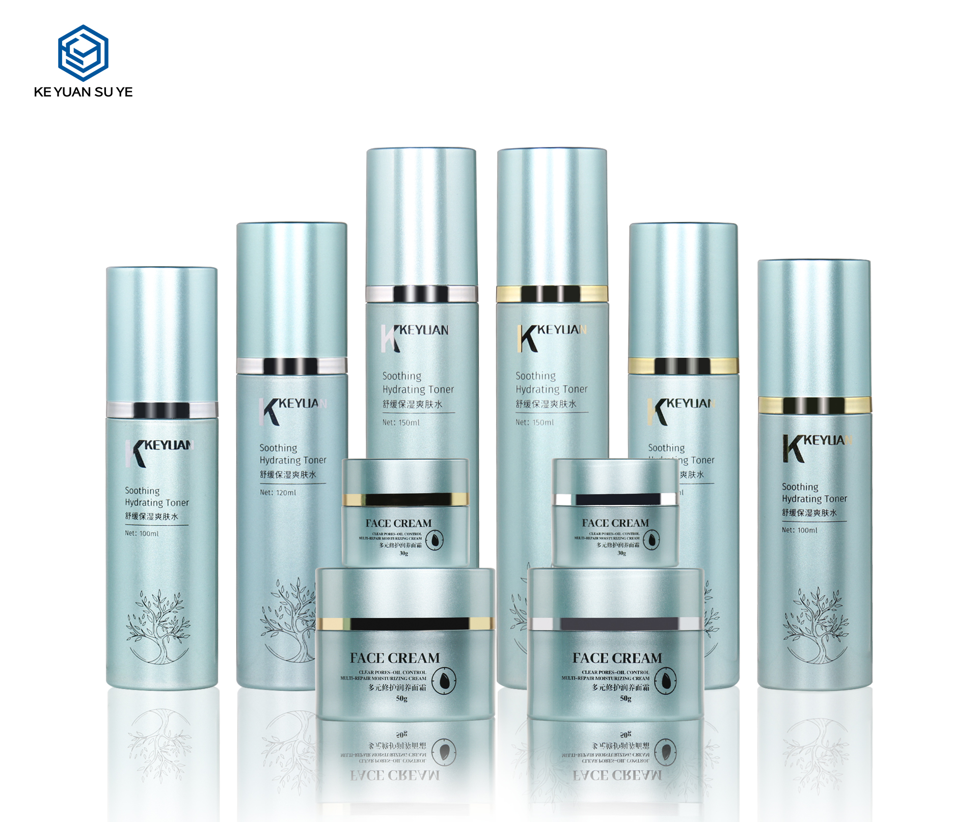 KY294 Custom PET Skincare Packaging Set for Hydrating Toner & Face Cream, 30g 50g Jars 100ml 120ml 150ml Bottles