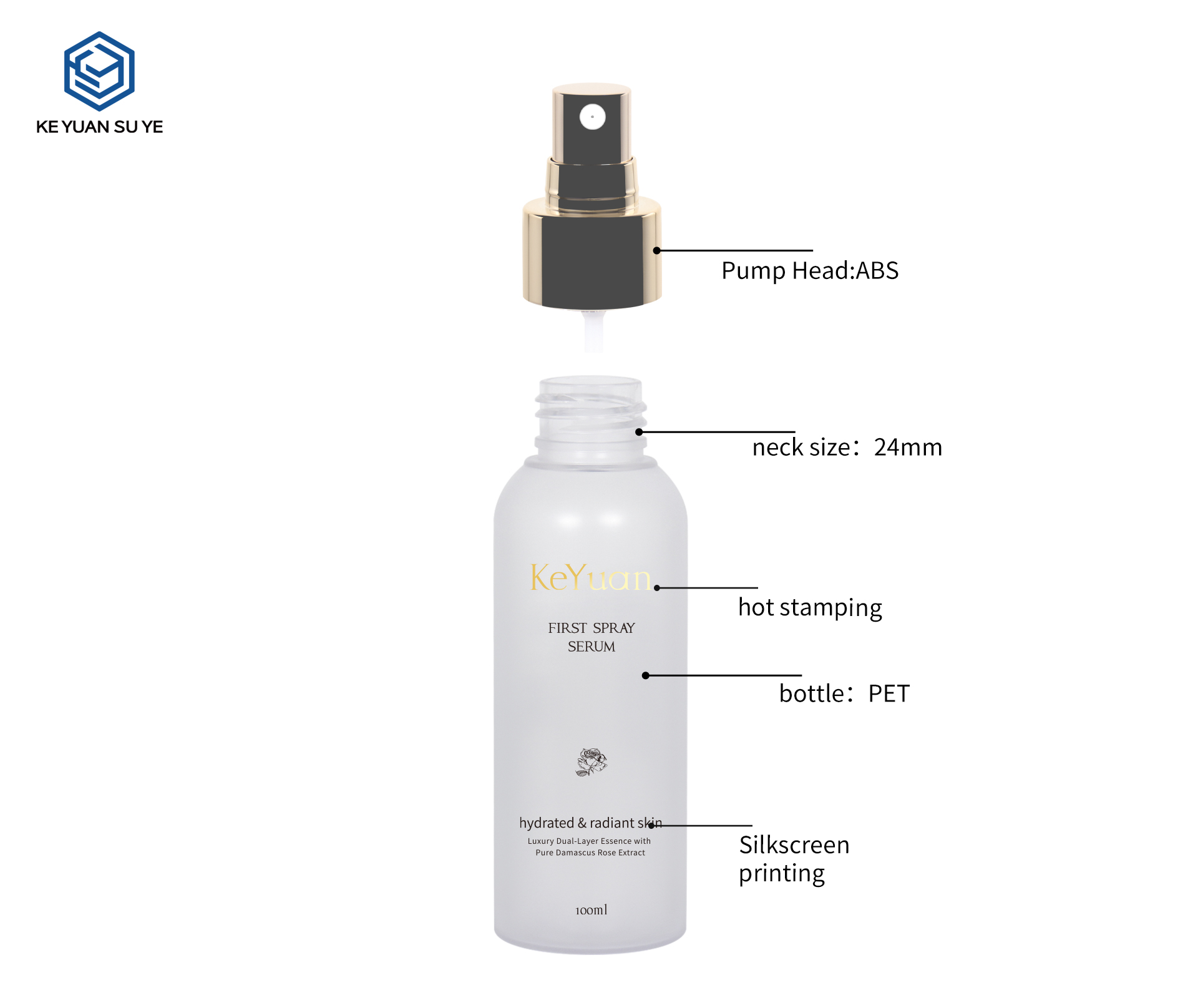 KY300#670 Custom High-Clarity PET Spray Bottle 100ml For Facial Serum Hydrating Skincare