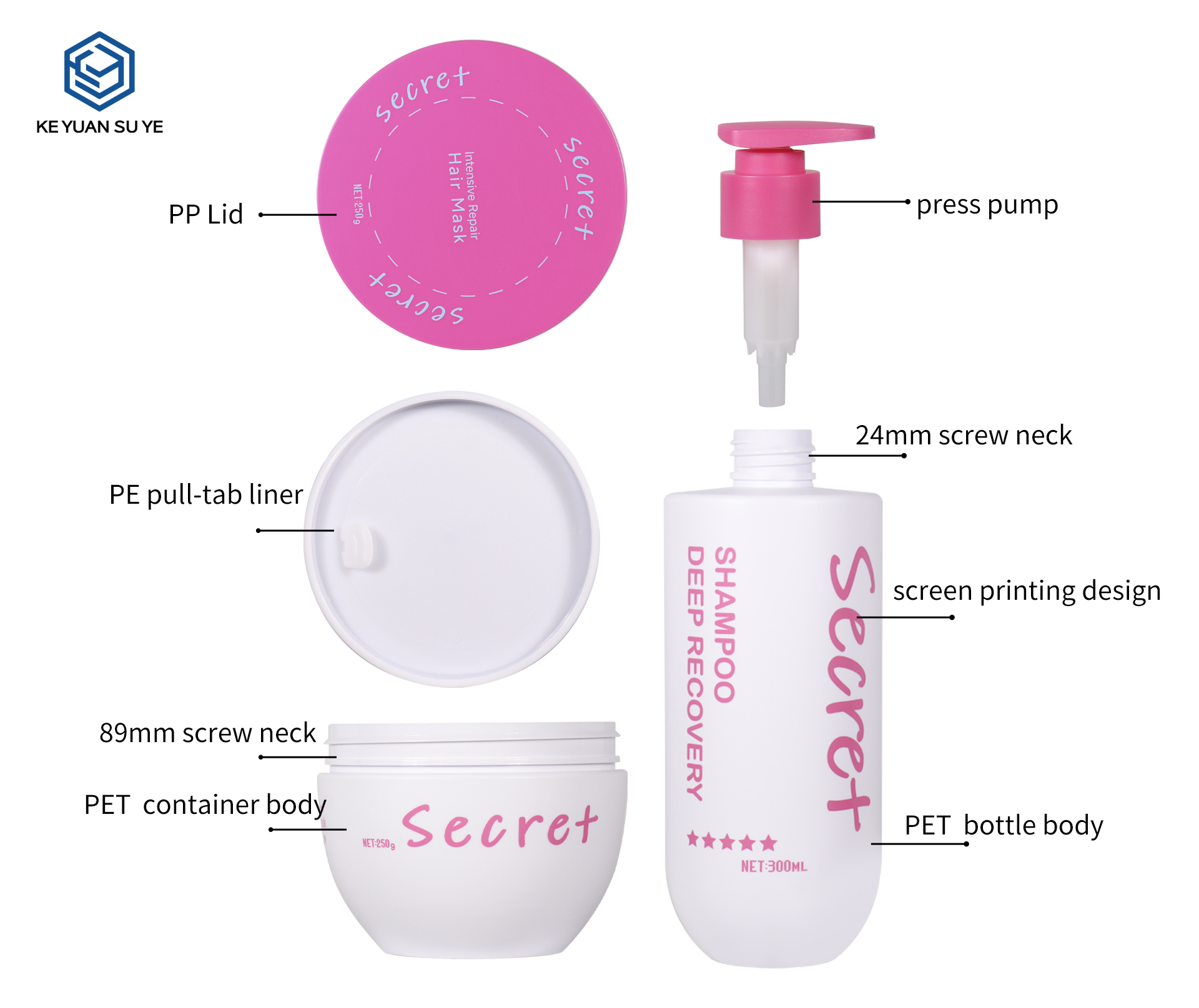 KY301#667,719,720 Custom PET Hair Care Packaging Set For Shampoo Hair Mask 300ml 500ml 150g