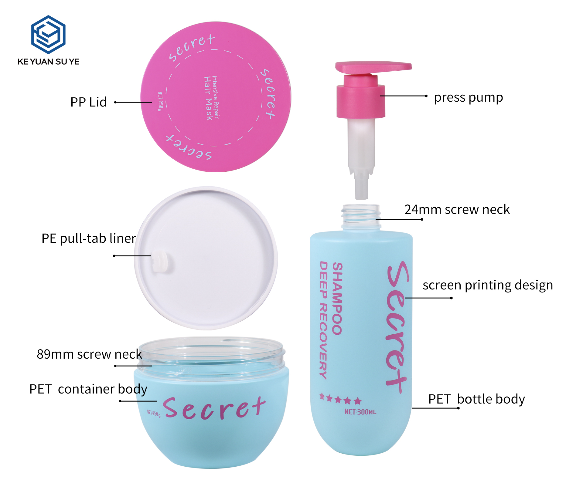 KY304 Custom PE Full Hair Care Packaging Set 200g 250g 300ml 500ml For Shampoo Hair Mask